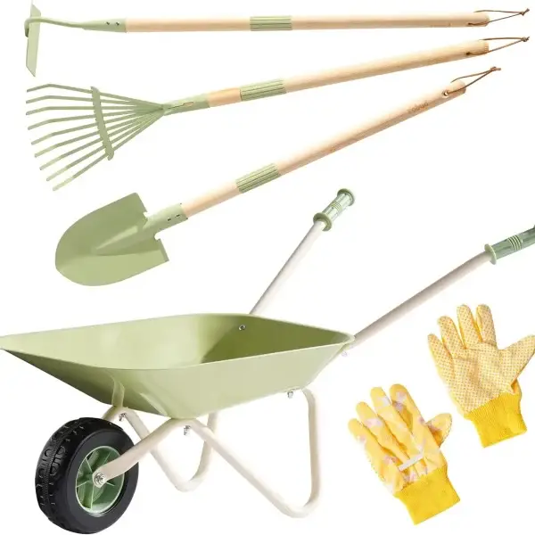 Green Metal Toddler Wheelbarrow Set