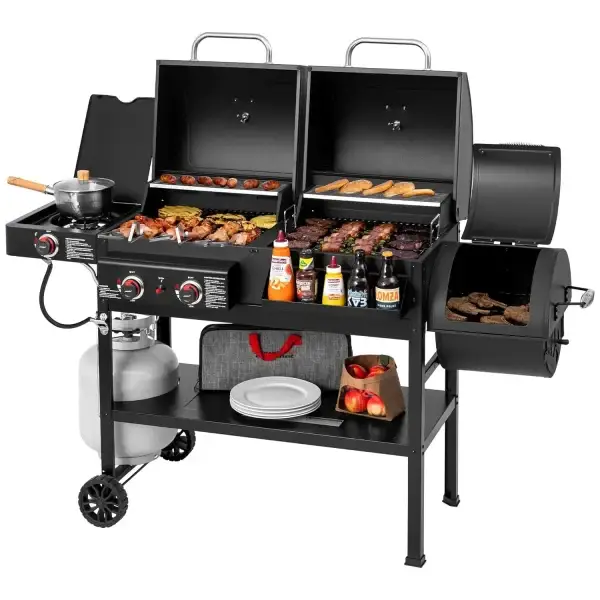 2-Burner Gas and Charcoal Combo Grill with Offset Smoker, and Side Burner