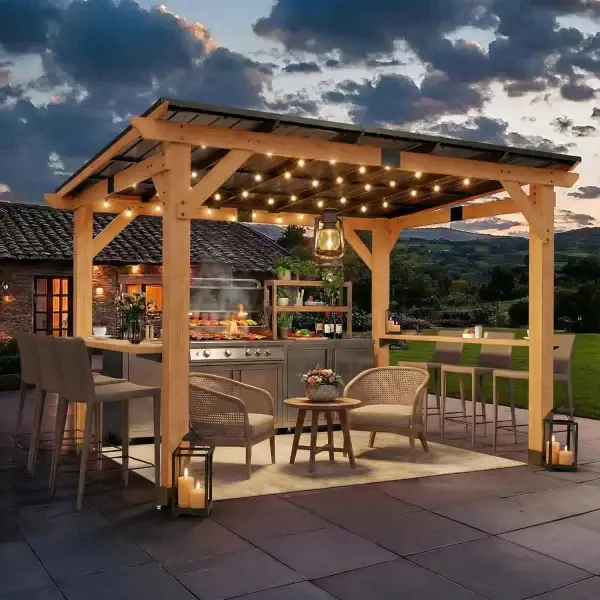 8x10 Cedar Wood BBQ Gazebo with 2 Side Shelves