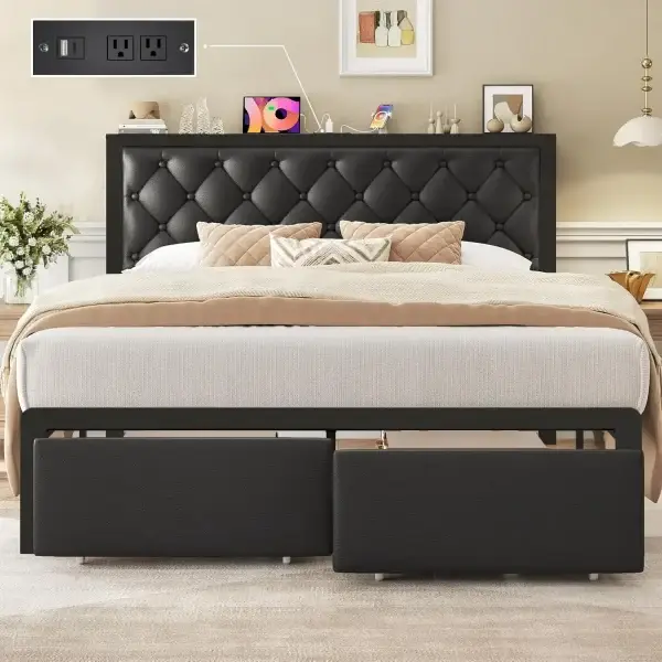 Queen Bed Frame with 2 Storage Drawers Button Tufted Headboard