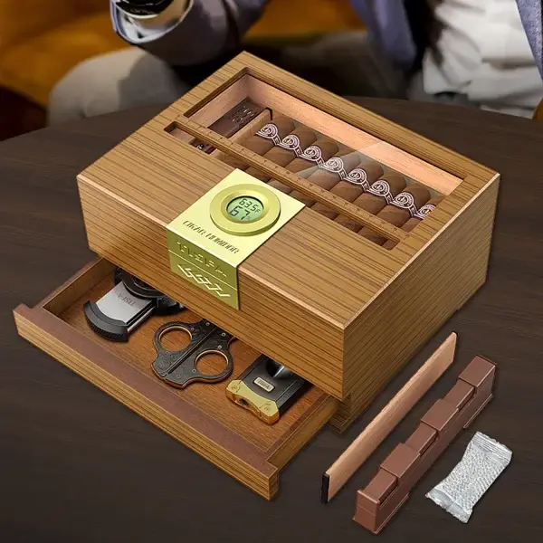 Cigar Box Humidor with Hygrometer and Humidifier